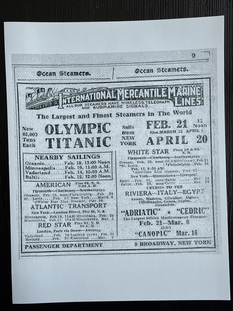 Olimpic Titanic Advertisement Photo.