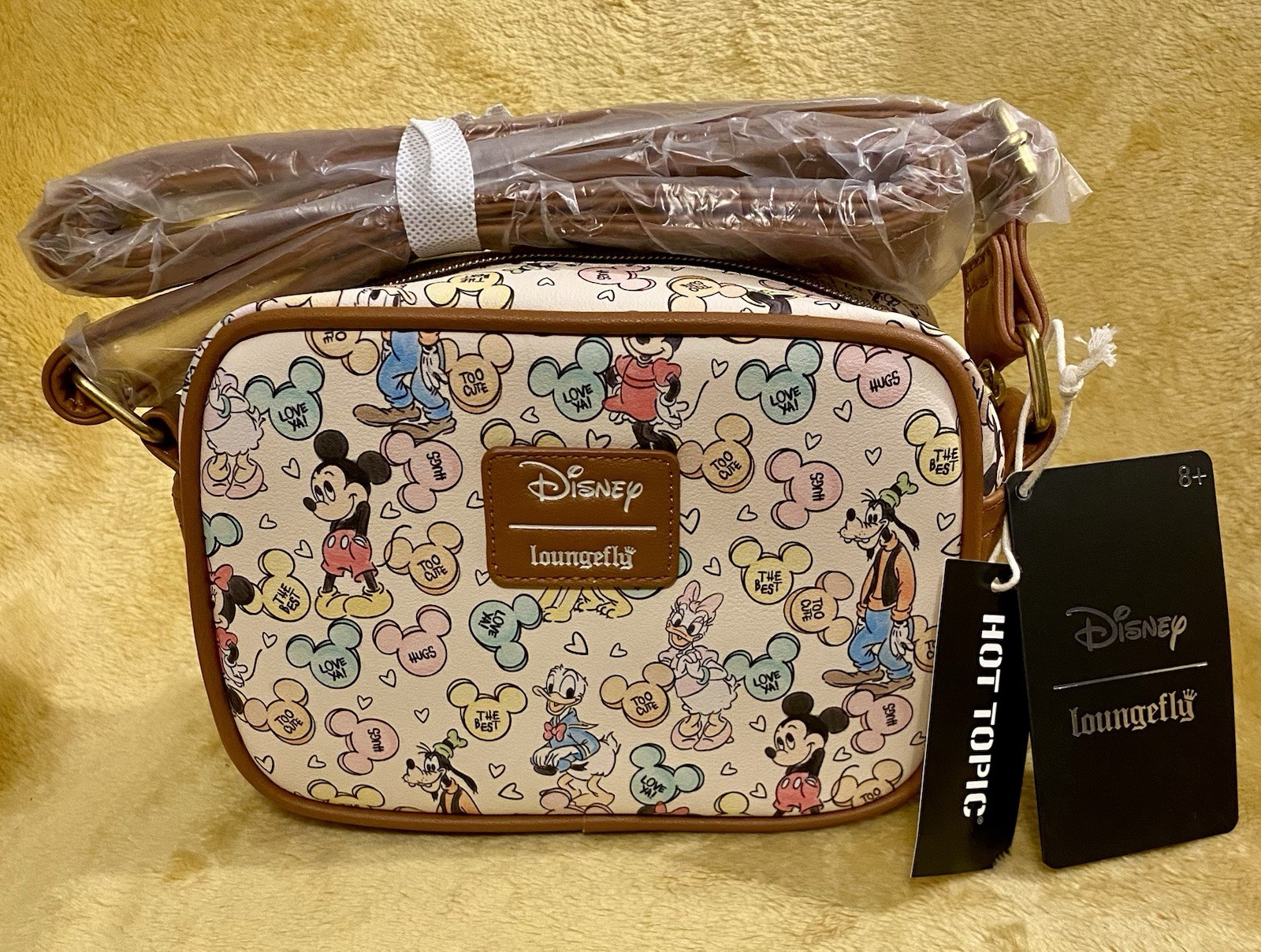 LOUNGEFLY Disney Mickey Mouse & Friends Candy Camera Zip Closure Crossbody Bag.