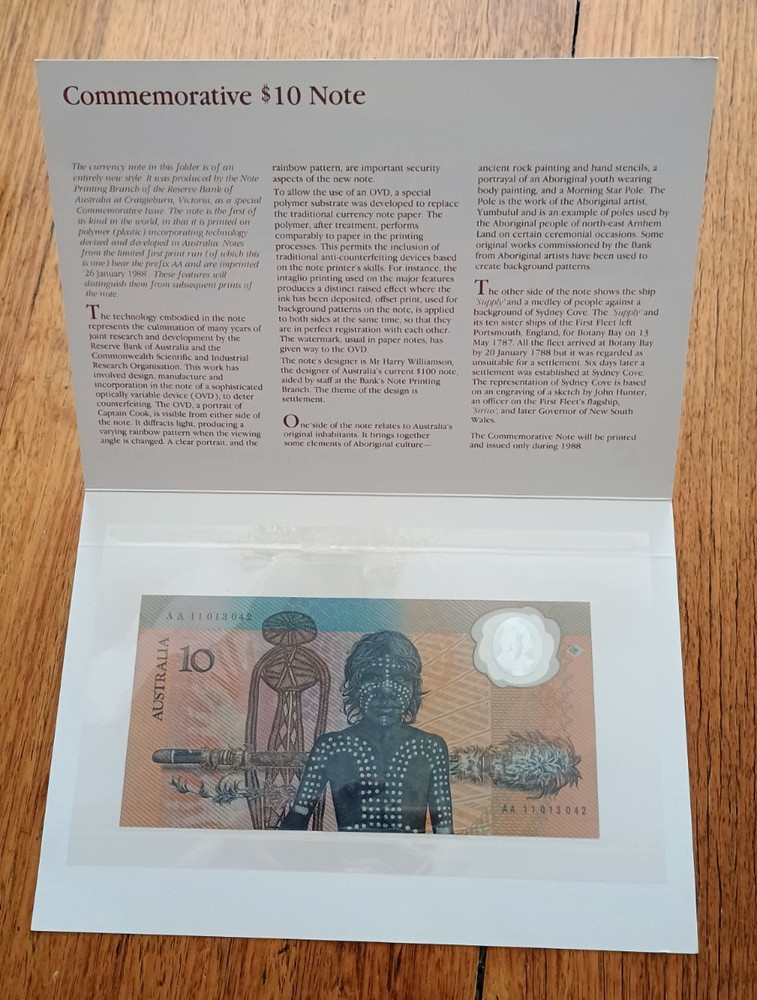 AUSTRALIAN 1988 $10 NOTE IN COMMEMORATIVE FOLDER; UNCIRCULATED