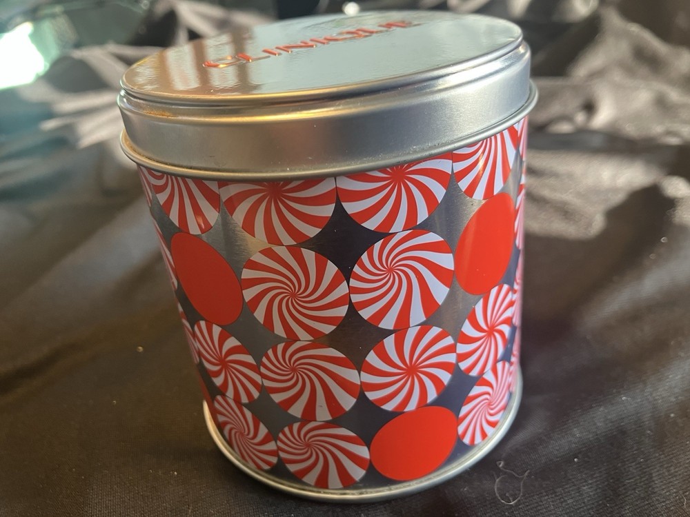 CLINIQUE Empty Tin Can Container w/ Red + White Peppermint Candy Design Storage