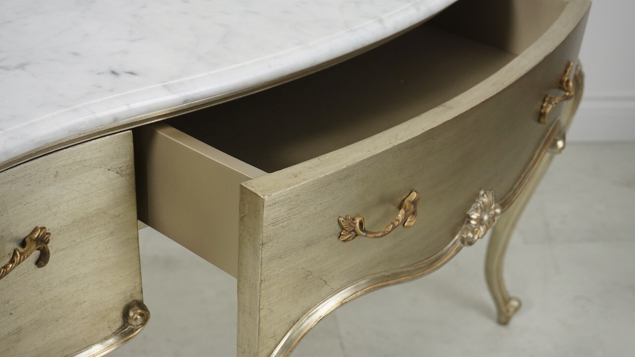 French Louis Vanity Make up Console Mahogany Silver Leaf White Marble