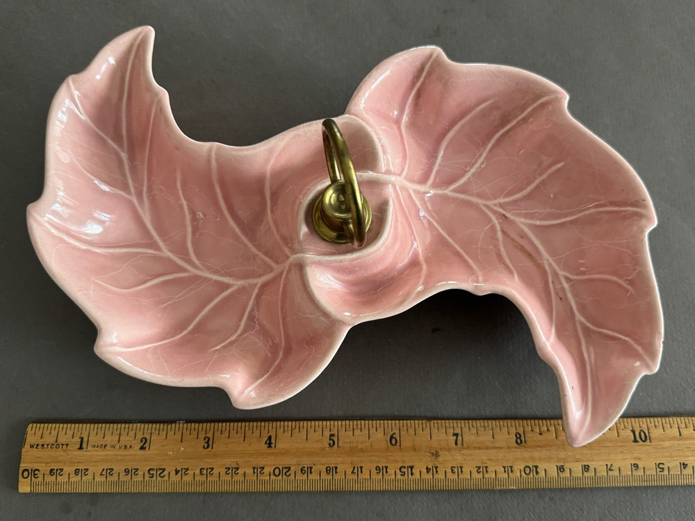 PINK DOUBLE SIDED LEAF MCM CANDY NUT BONBON DISH TRAY WITH FINGER LOOP HANDLE
