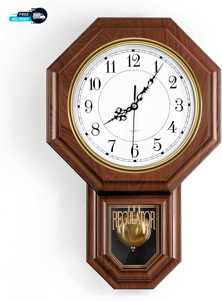 Pendulum Wall Clock Battery Operated Imitation Wood Plastic Regulator Clock