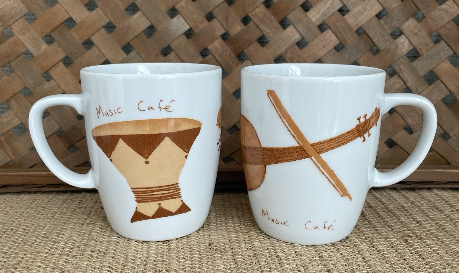 Ionia Porcelain Coffee Mugs Music Cafe Set Of 2 Violin & Bongo Drum EUC