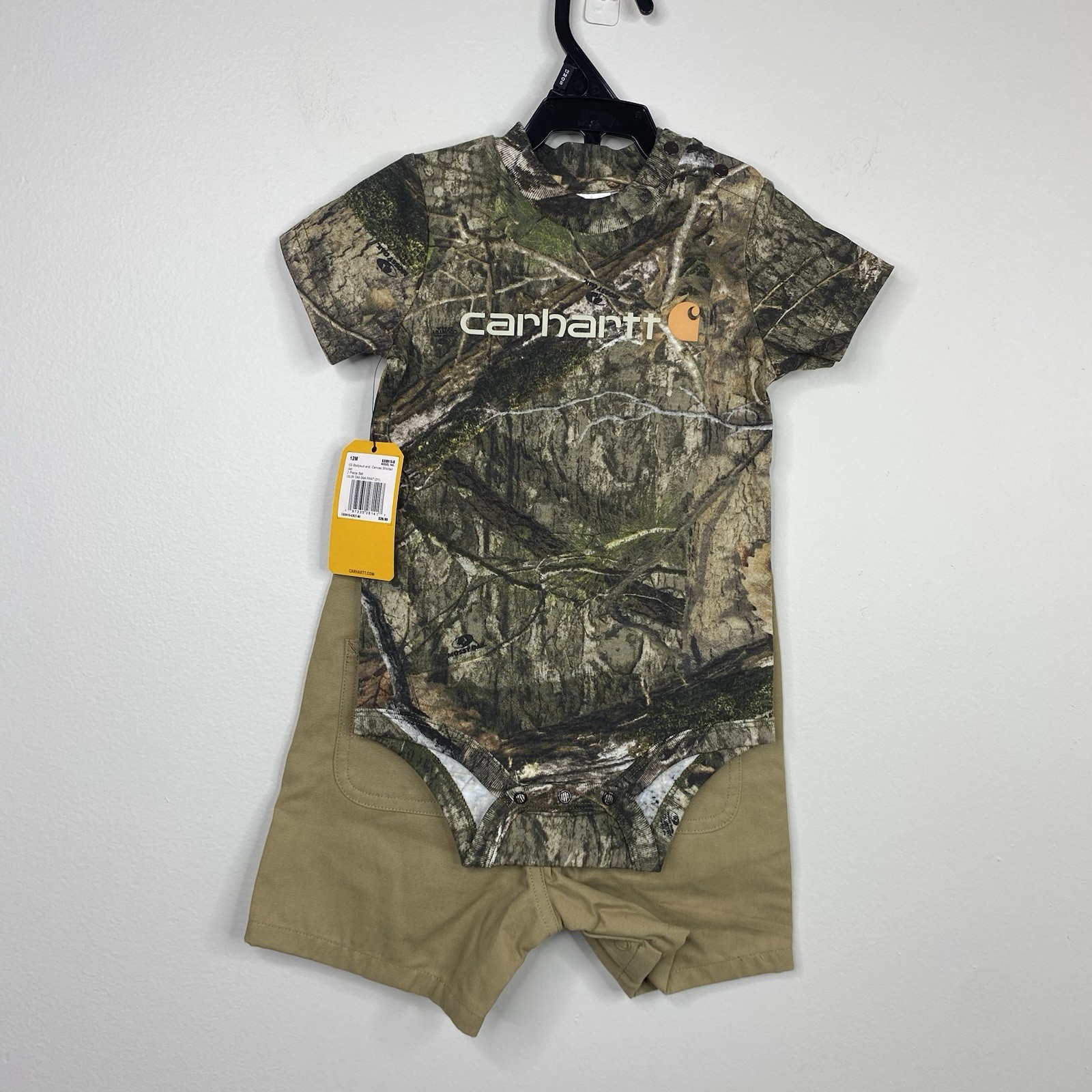 Carhartt Baby Boys 12 Months Camo Bodysuit and Canvas Shortall Set 2 Piece Set