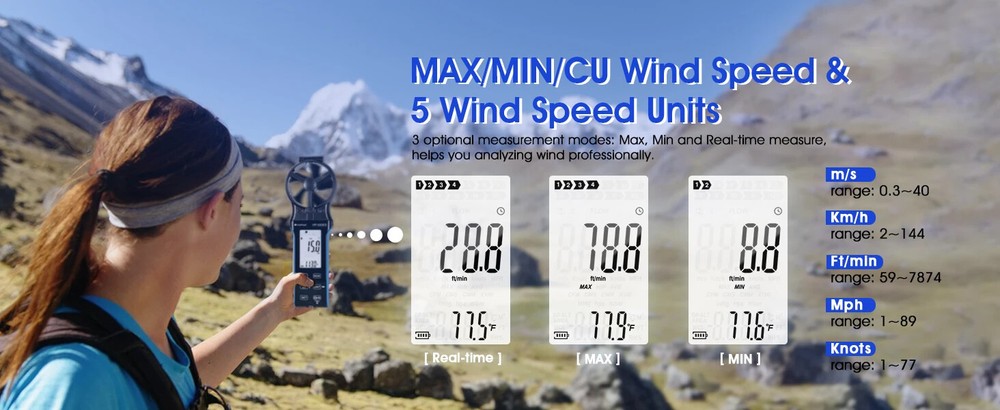 Waterproof Wind Speed Meter Anemometer CFM and Air Velocity Measuring Device