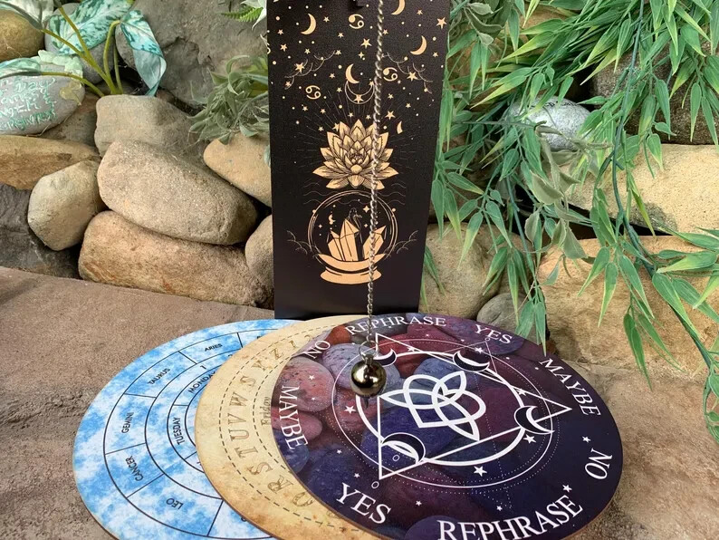 Handmade Dowsing Set Five Pc, Pendulum Divination Mat, Dowsing Kit, 3 Divination