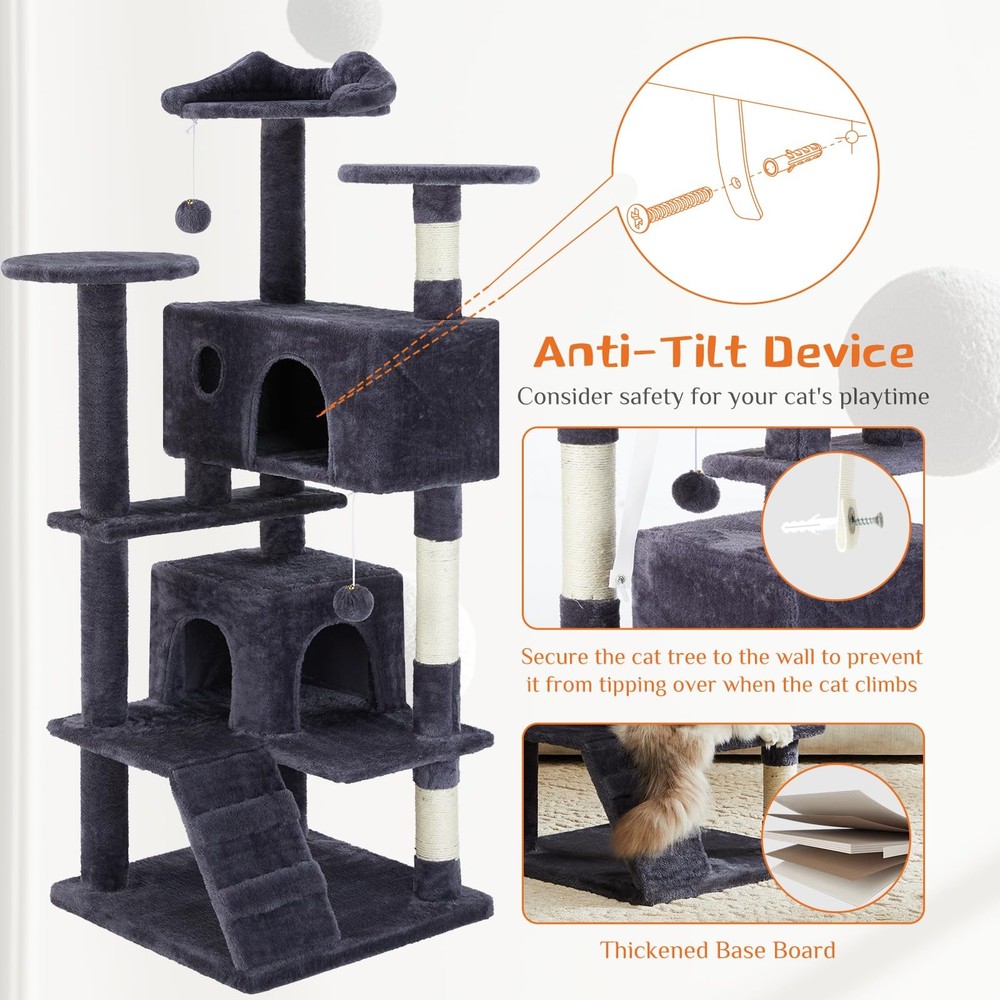 Sweetcrispy 54 Inch Cat Tree Tower, Multi-Level Tower with Cat Scratching Pos...