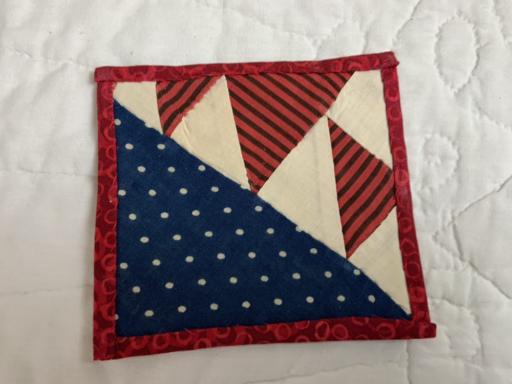 Antique Patchwork Quilt Table Topper, Early Calicos, Mini, Triangles, Navy, Red