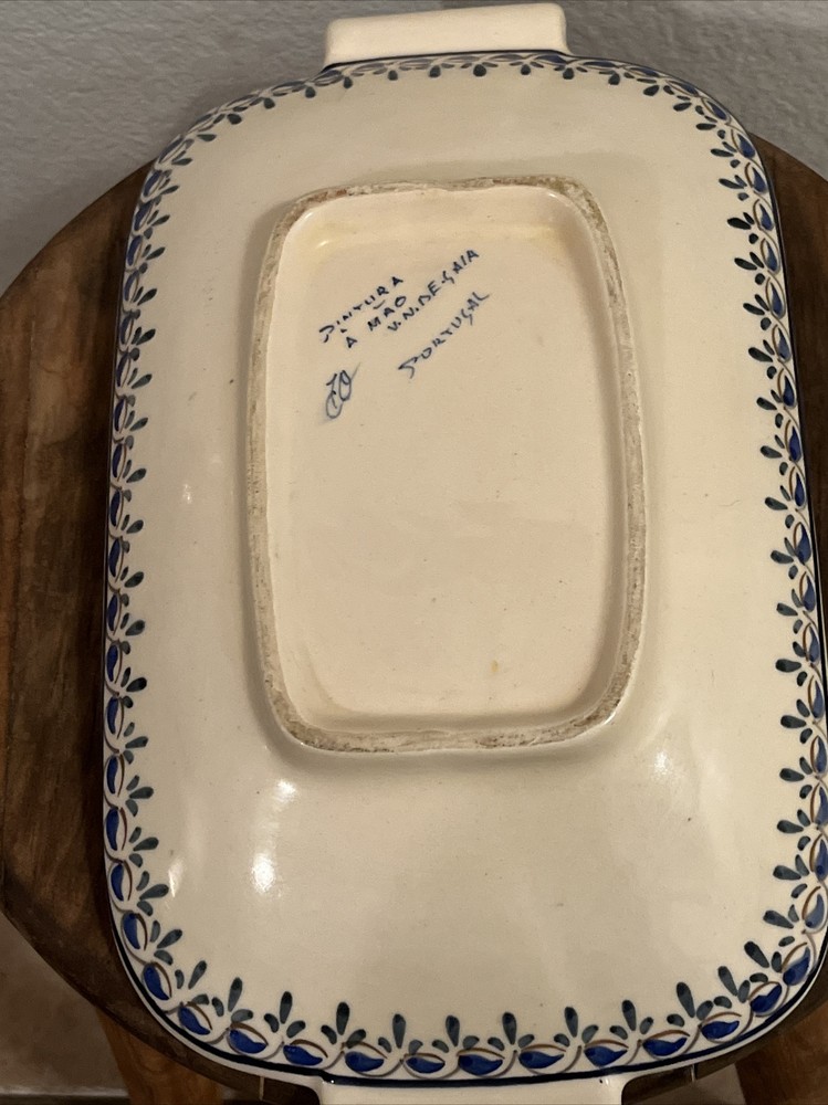 Portuguese Ceramic Rectangle Serving Dish Handmade Blue Brown Green Small Chips