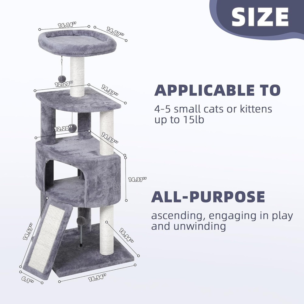 Multi-Level 45" Cat Tree Tower with Condo, Scratching Post & Toys - Grey