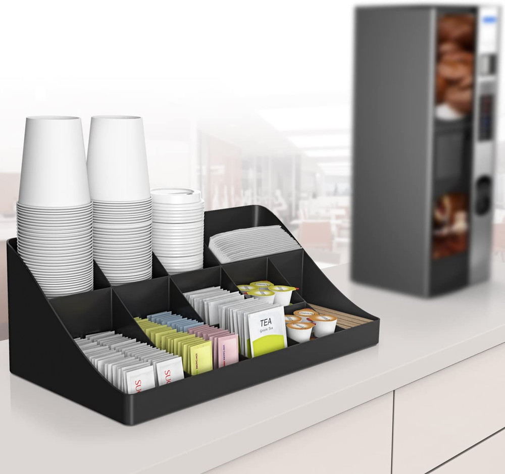 Coffee Condiment Organizer Compartment Breakroom Plastic Black NEW