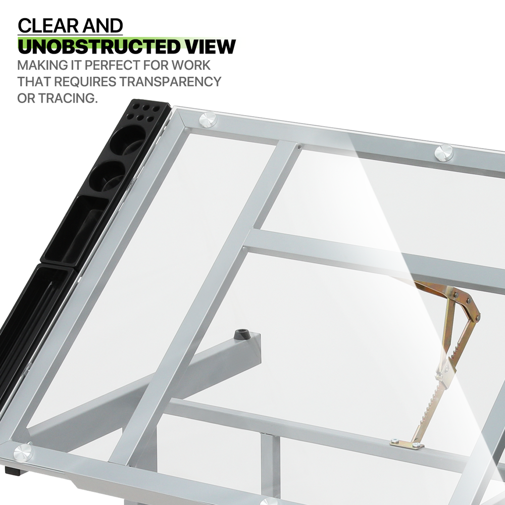 41" Adjustable Rolling Drafting Table Tempered Glass Tabletop Craft Work Station