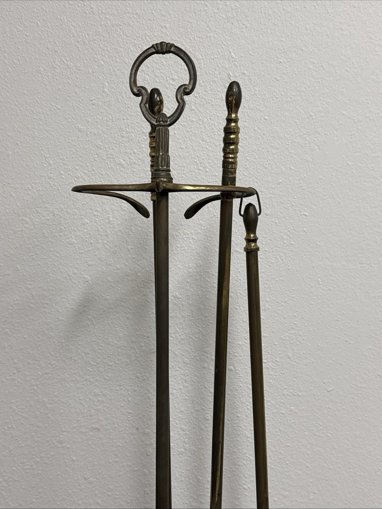 Vintage Solid Brass Fireplace Tool Set – Complete 4-Piece Hearth Set Nice Patina