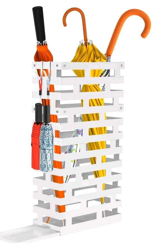 Indoor/ Outdoor Umbrella Stand Space Saving Detachable Tray Hooks Sturdy Metal