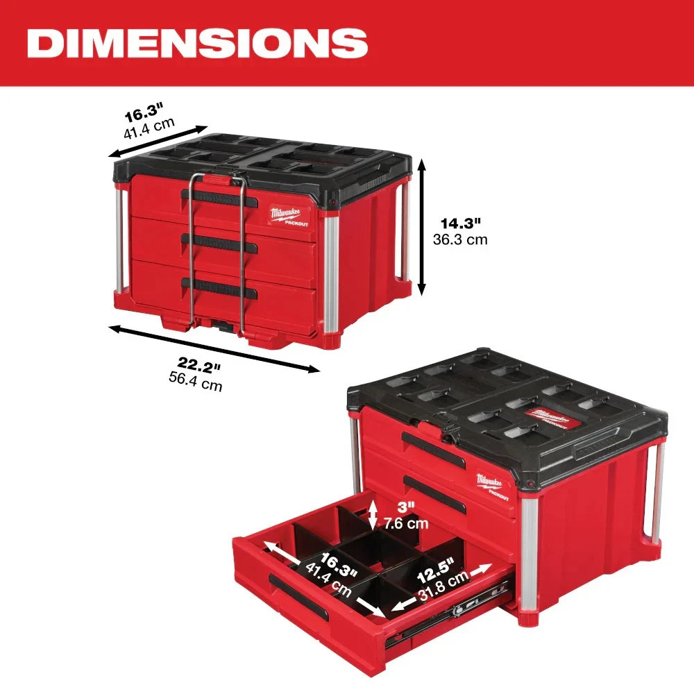 Milwaukee PACKOUT 3-Drawer Tool Box 48-22-8443, Quick-Adjust Dividers (US STOCK)