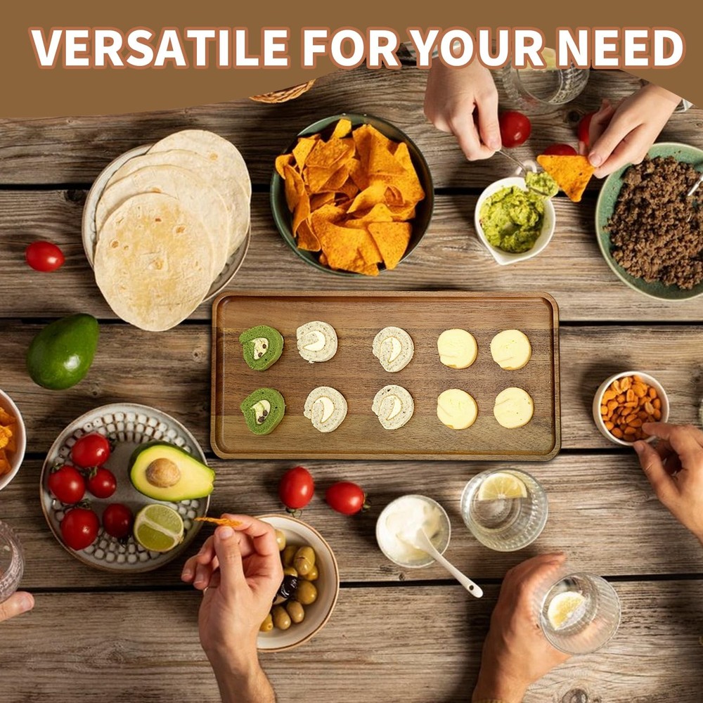 3 PCS Solid Acacia Wood Serving Trays 14x5.3 Inch Rectangular Platters Boards