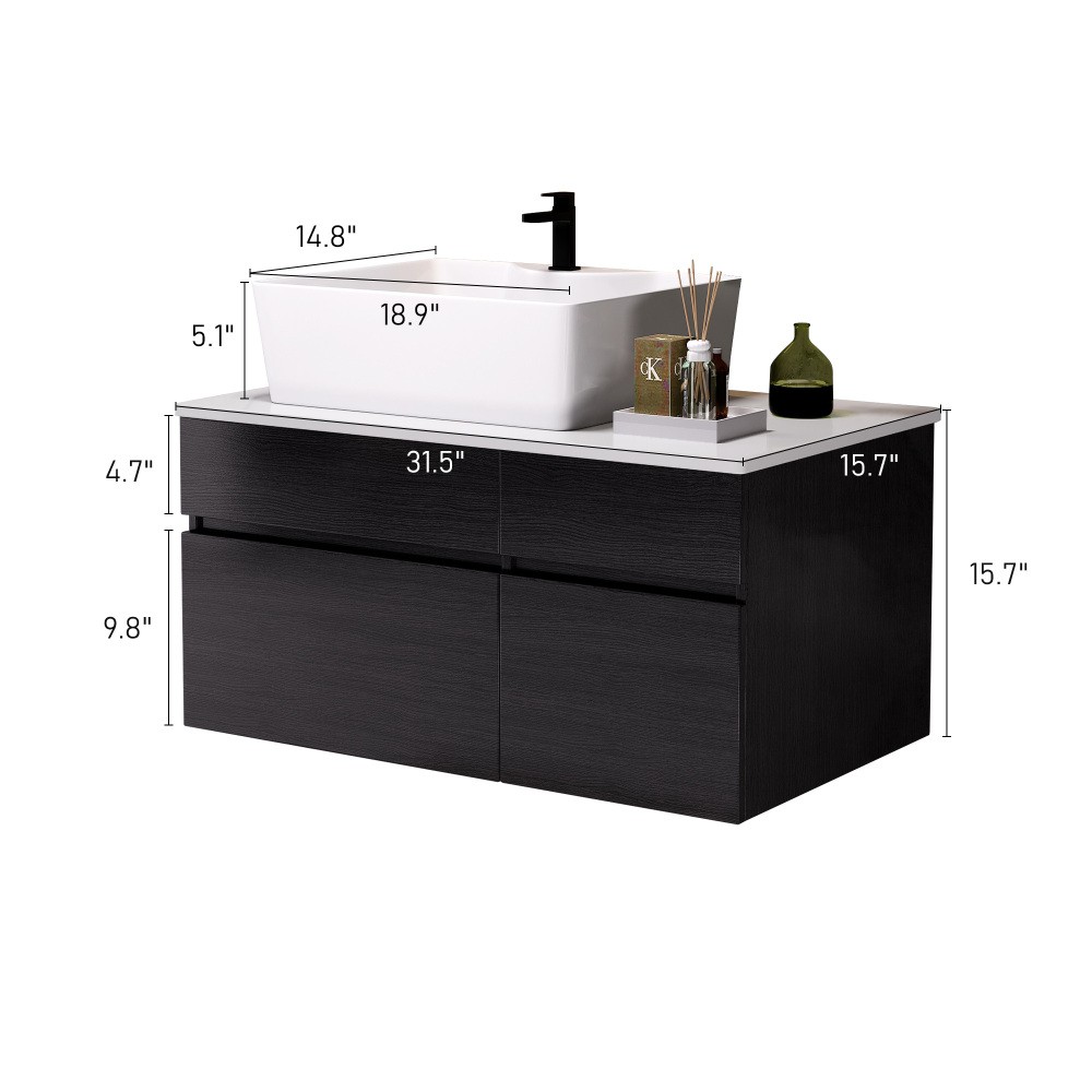 Modern Small Floating Single Bathroom Vanity with Ceramic Sink & Drawer,Black