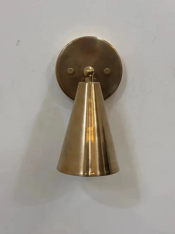 Mid Century Modern Brass Wall Sconce | Adjustable Cone Shade Wall Light With