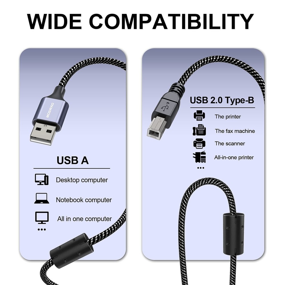MOSWAG Long Printer Cable 16.4FT/5M Scanner USB 16.4FT/5M, Black