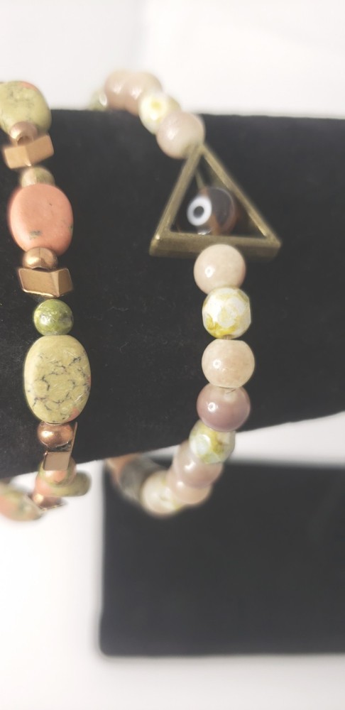 Gemstone Stackable Bracelets| Unakite & Sunstone Bracelet Set| Stretch Bracelet
