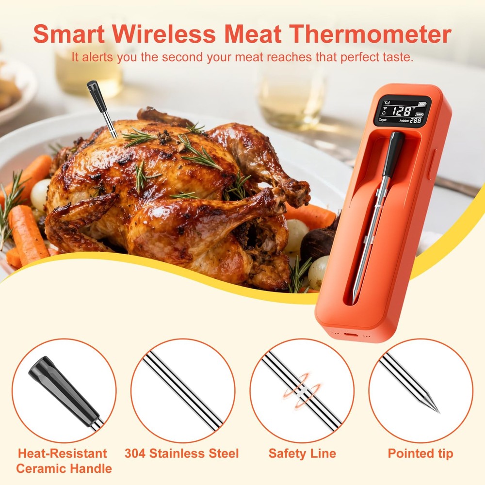 Smart Wireless Digital Meat Thermometer with Ceramic Probe, Food Thermometer ...