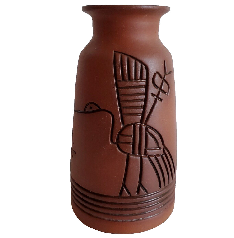 Handmade Cyprus Engraved Ceramic Vase Unglazed Bird Leaf Brown 6"