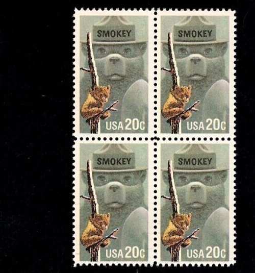 #2096 Smokey Bear Fire Prevention Mint Block of Four US Postage Stamps MNH OG