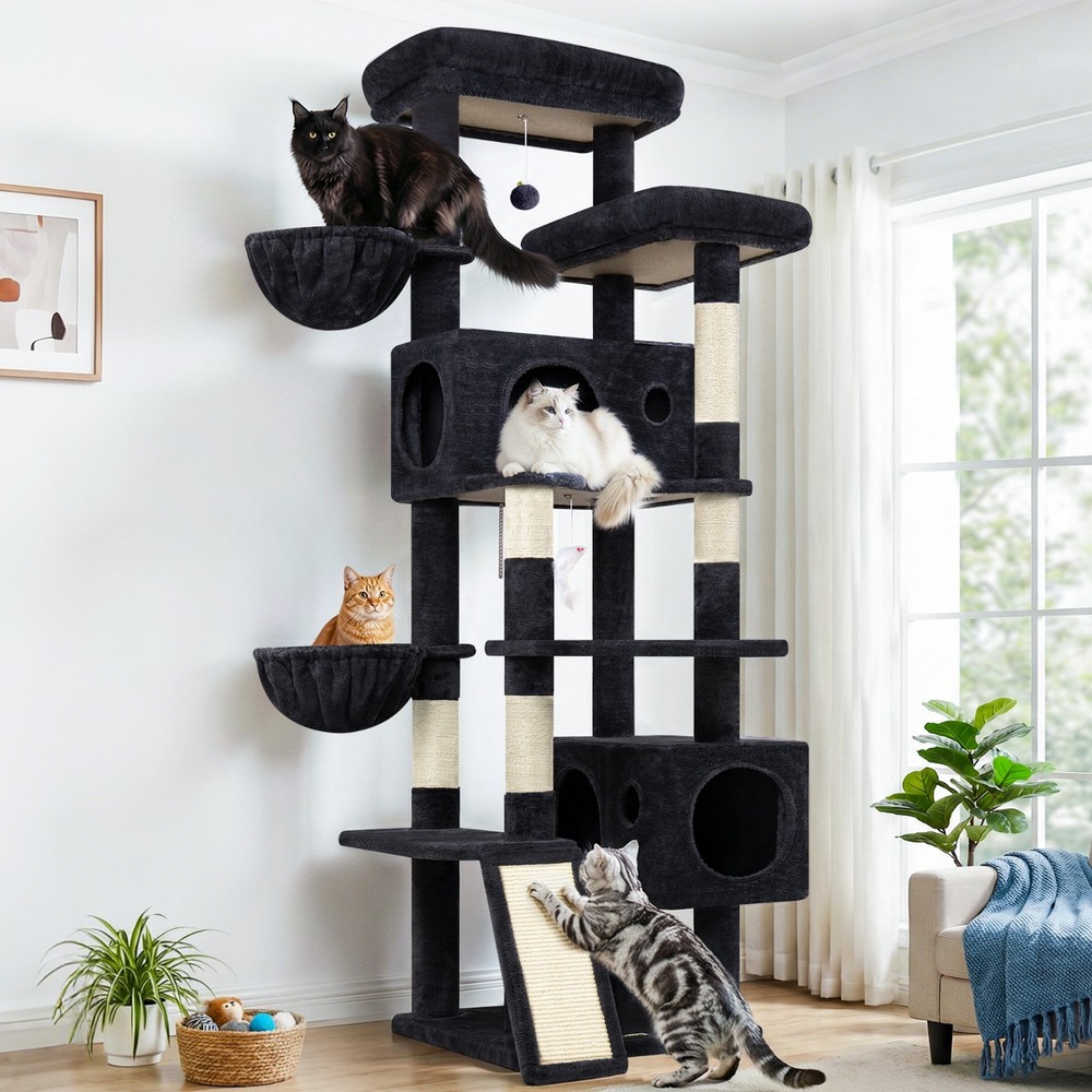 77" Cat Tree for Large Cats, Multi-Level Tower with Scratching Board & Stable Ba