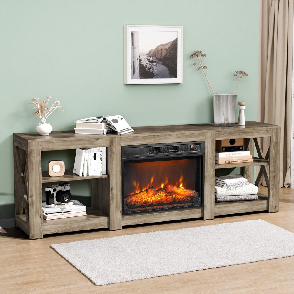 70" Washed Gray Double-Sided Fireplace Cabinet, 23" Fireplace Core