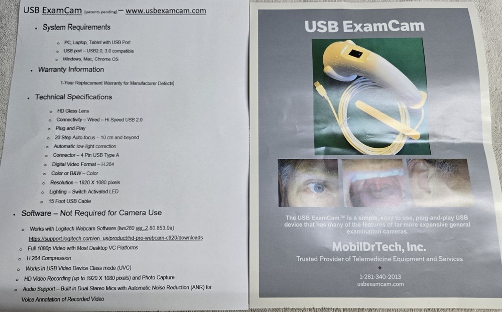 USB Exam Cam - Handheld Camera with Light includes Tongue Depressor Slot