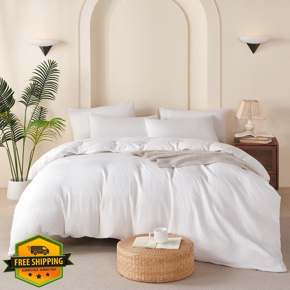 TISPLR Queen Comforter Set White Striped Microfiber Jacquard 3 Pc