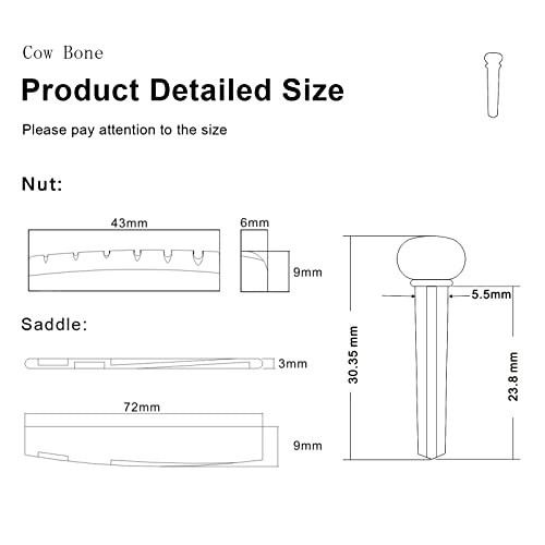 6-String Acoustic Guitar Bone Bridge Saddle & Nut, 6 Bridge Pins + Puller Tool