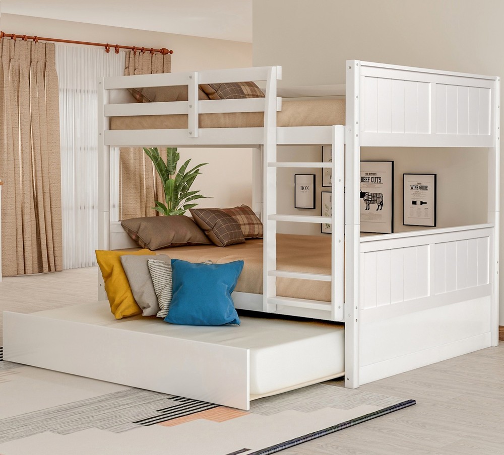 Full Over Full Bunk Bed with Twin Size Trundle White Easy Conversion for Bedroom