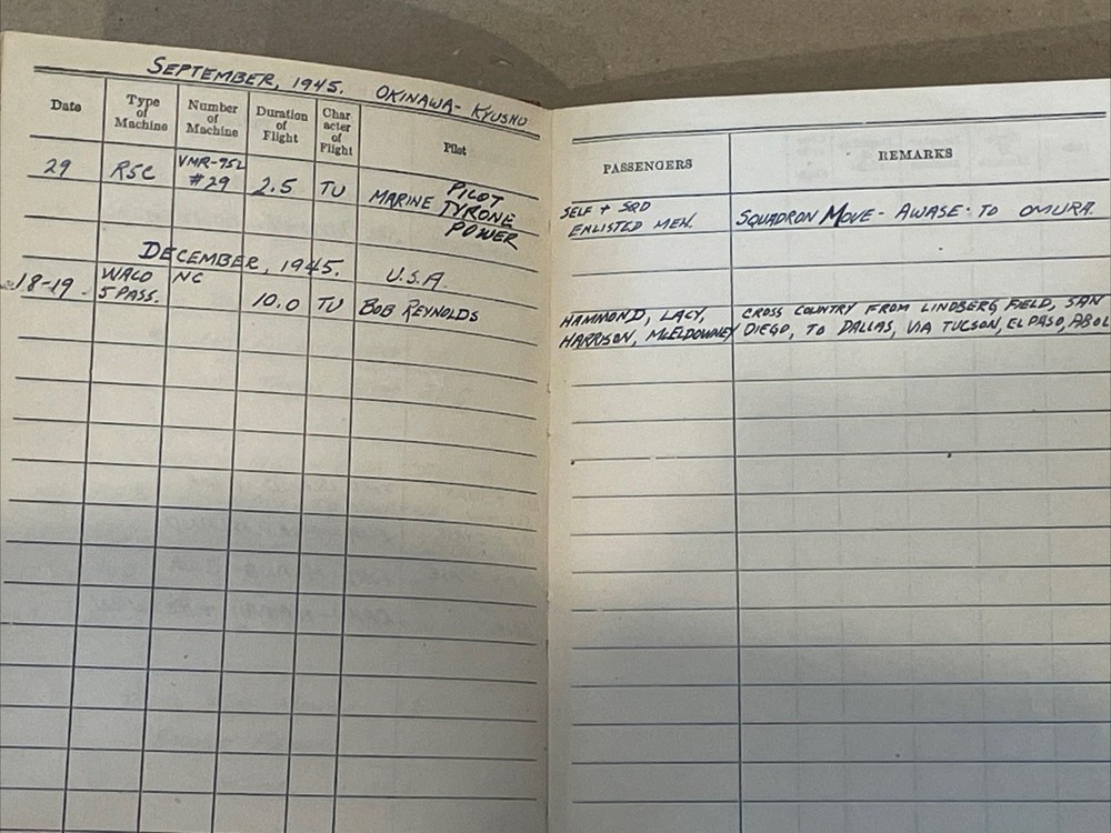 USMC Pilot flight log, late WW2