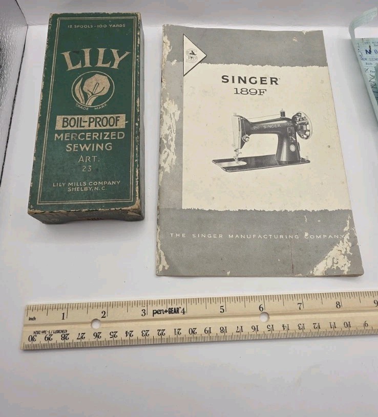 Vintage Lily Mercerized Sewing Thread Empty Box & 1966 Singer Manual & Receipts.