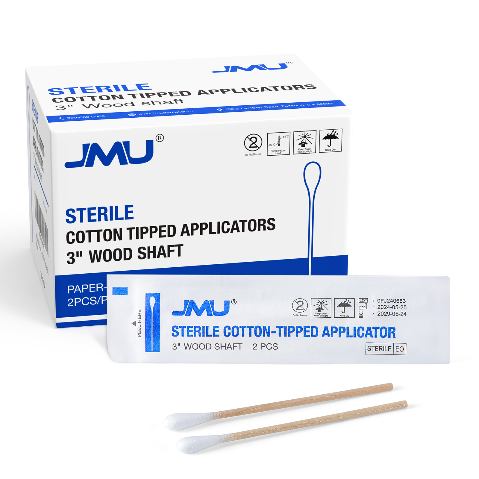 JMU 3" Sterile Cotton Swabs Q-tips Wood Handle Cleaning Applicators 200pcs/box