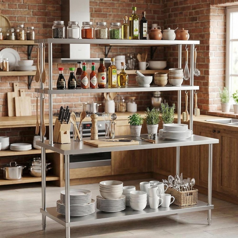 Stainless Steel Work Table: Adjustable & Overshelves for Kitchen & Warehouse
