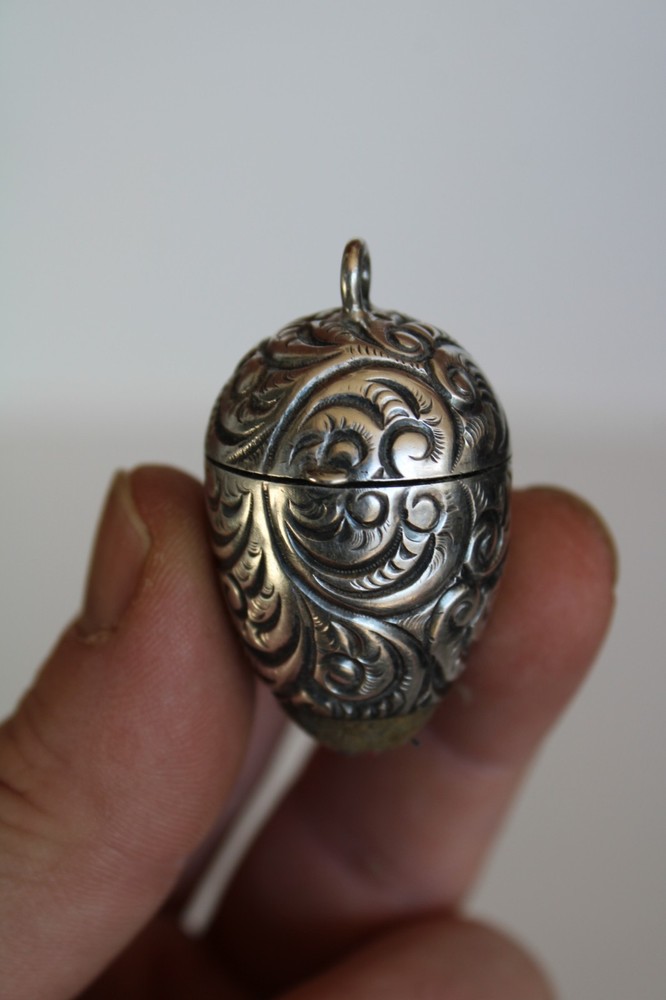 Antique Sterling Silver Repousse Sewing Chatelaine Egg Thimble Case & Pincushion