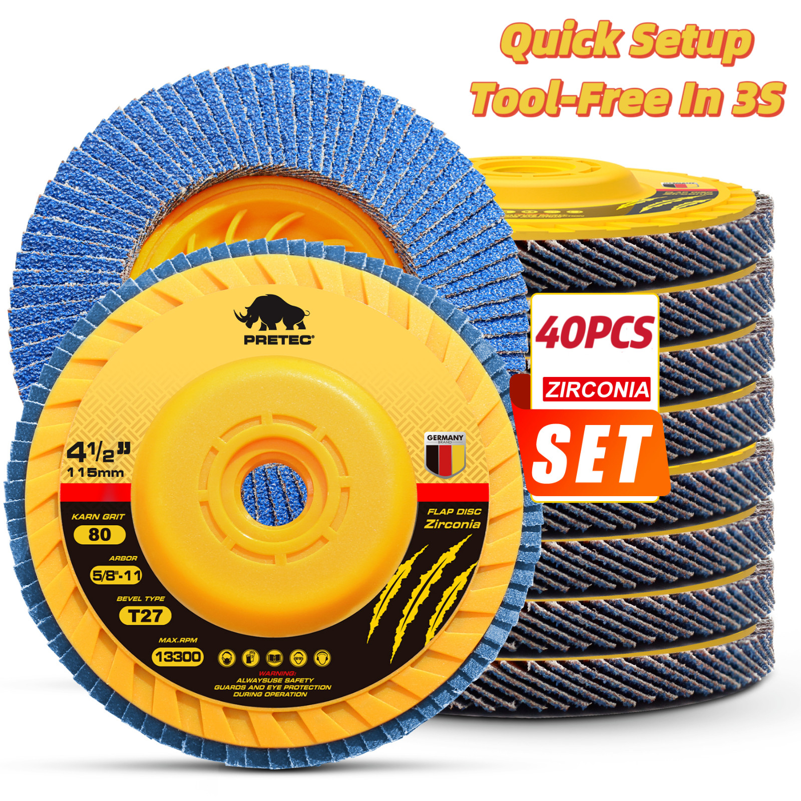 40PCS 4.5" Flap Discs 80 Grit Zirconia Angle Grinder Tool-Free Metal Grinding