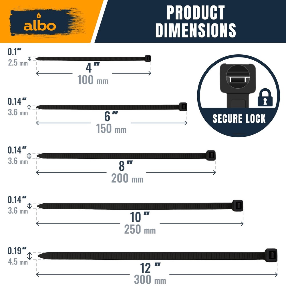 ALBO Black Zip Ties Assorted Sizes 800 800 Pack,