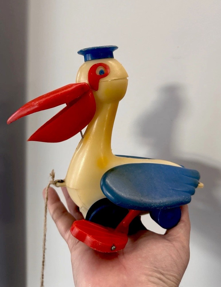 Vintage USSR Pull Toy Pelican Soviet Plastic Action Toy
