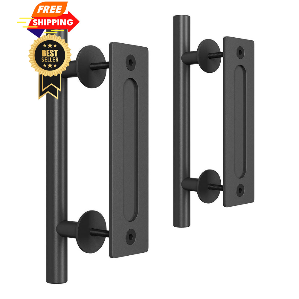 SMARTSTANDARD 2PCS 12" Pull and Flush Barn Door Handle Set, 12 Inch, Black