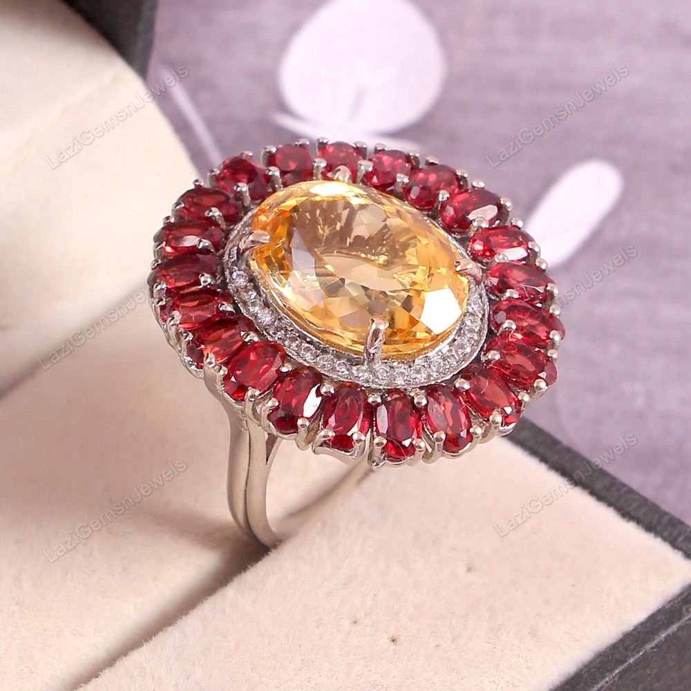 Citrine Garnet Ring Dainty Cluster Statement 925 Sterling Silver