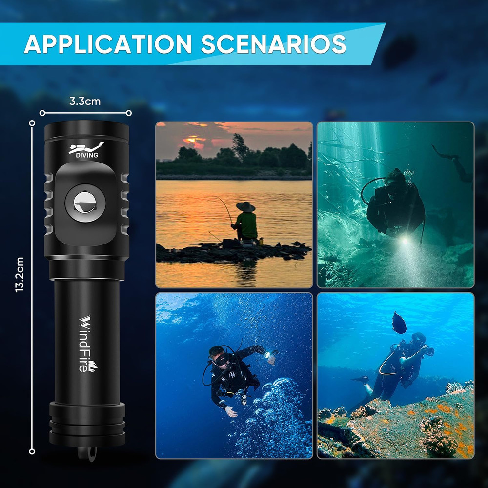 Scuba Diving Flashlight Rechargeable Waterproof Dive Torch 3 Modes
