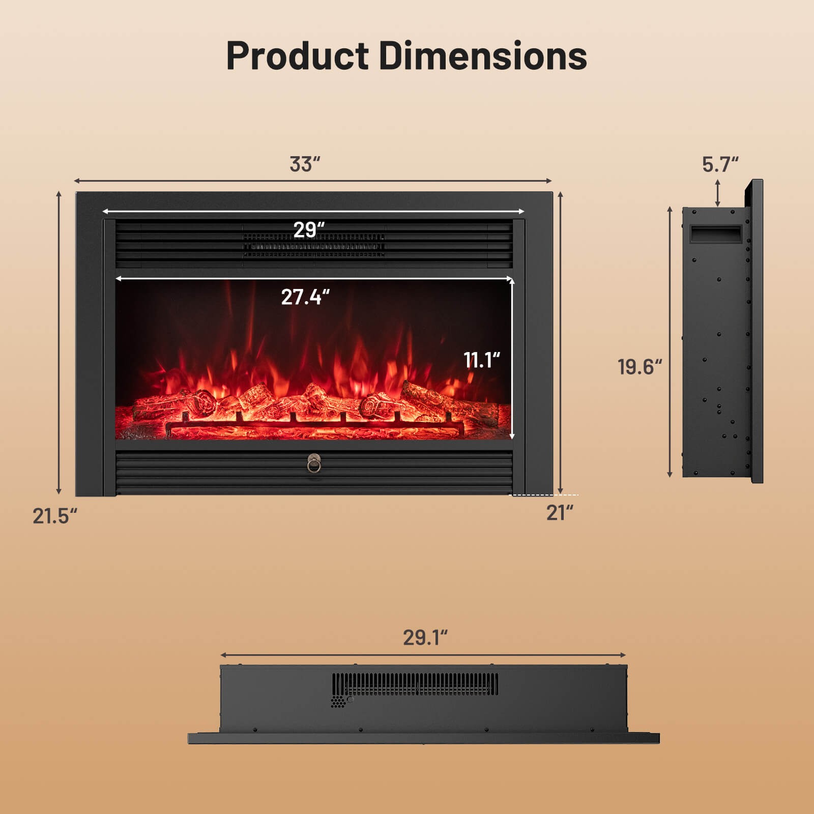 33" Electric Fireplace Insert 750W Recessed Fireplace Heater with Remote Control