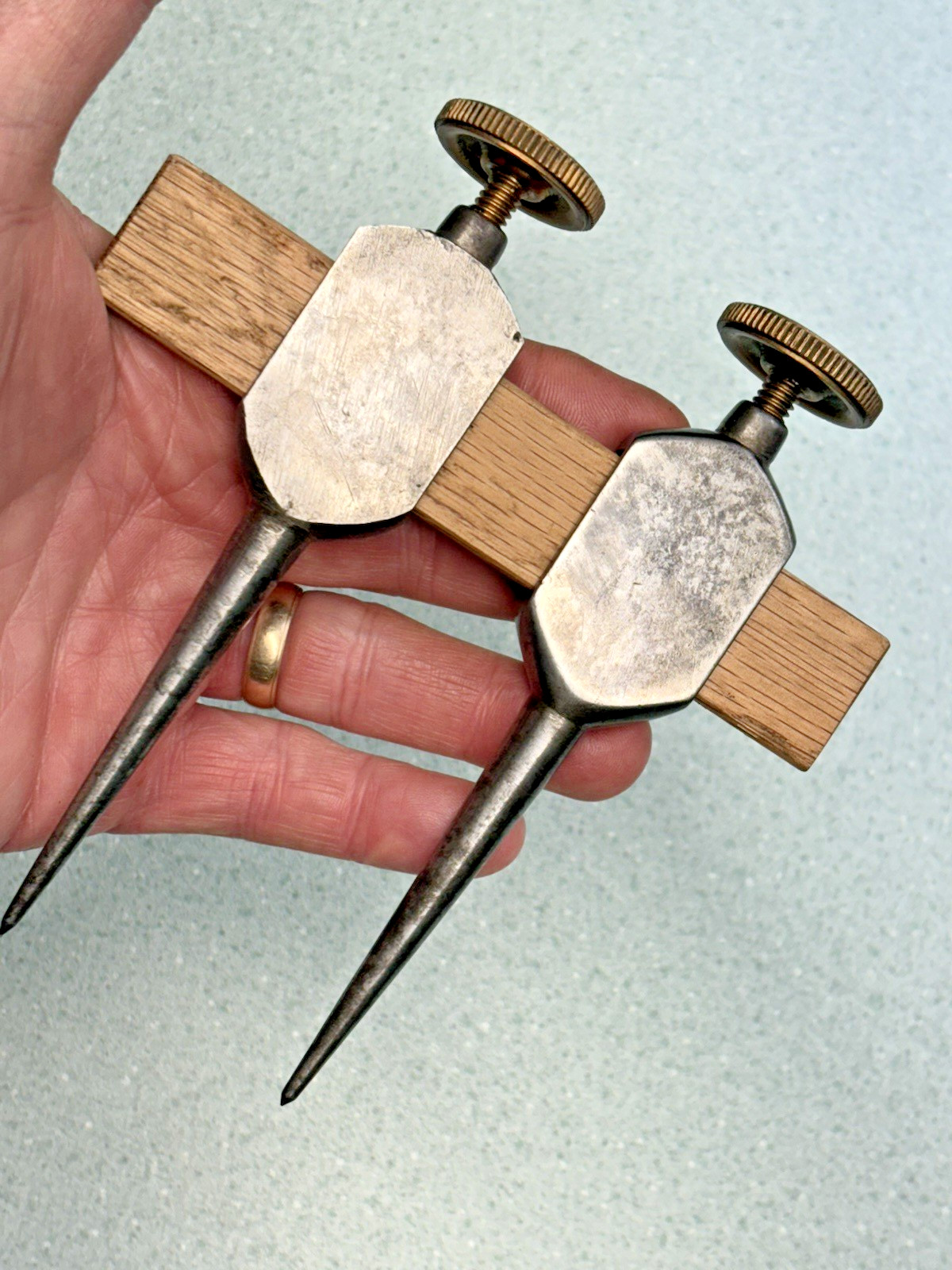 Pair Of Vintage 5 1/2" Trammel Points Unmarked Steel Points hand made NICE brass