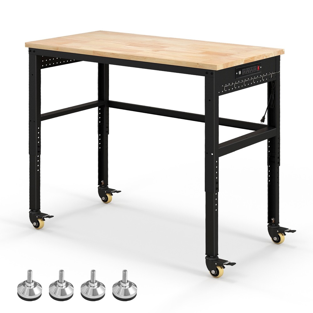48" Adjustable Workbench w/ Universal Lockable Wheels Power Outlet Workshop