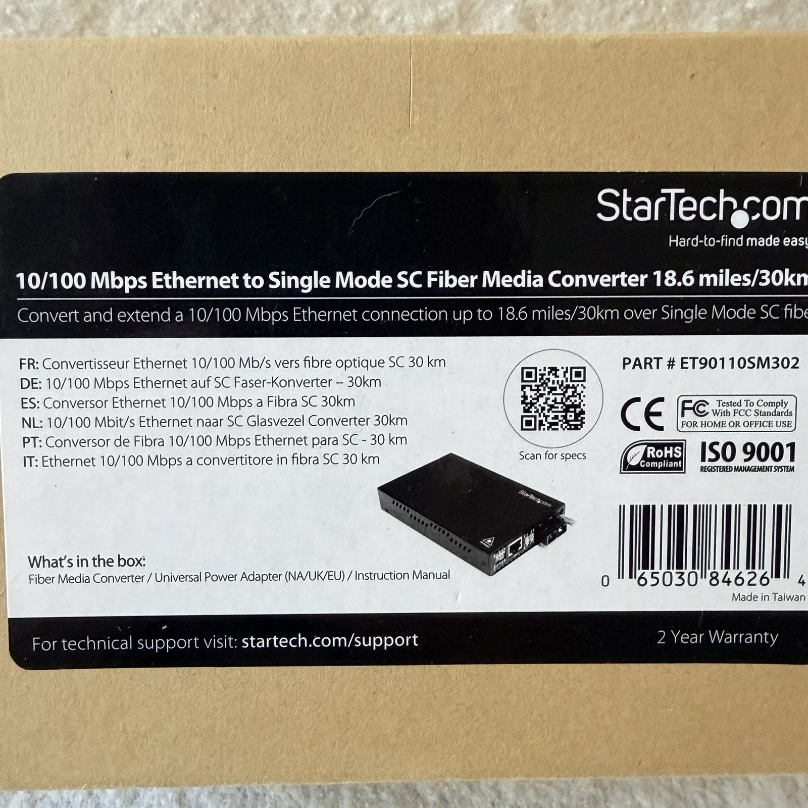 NEW StarTech ET90110SM302 10/100 Mbps Single Mode SC Fiber Media Converter 18.6M