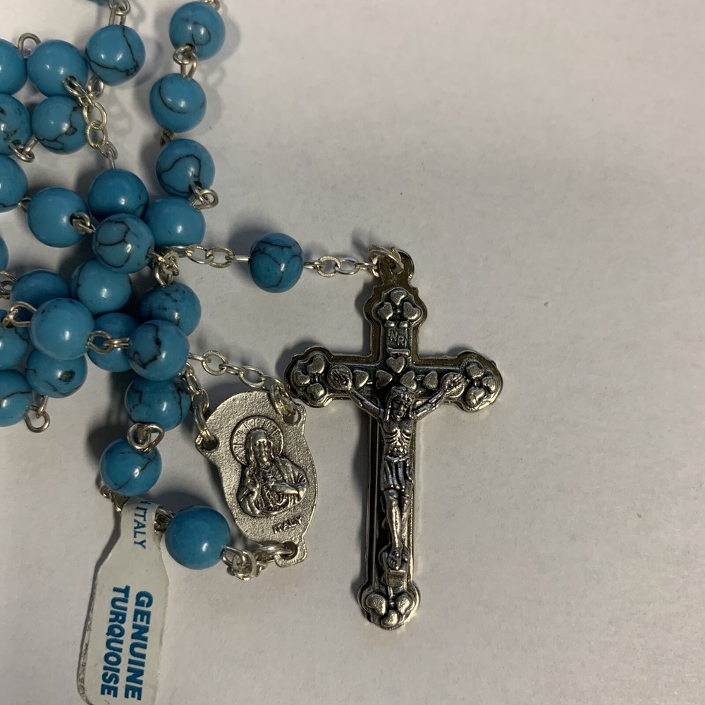 Dicksons Madonna, Crucifix Turquoise Accents Metal 18" Catholic Pendant Rosary